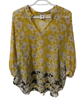 CAbi Yellow Floral V-Neck Top Size Small